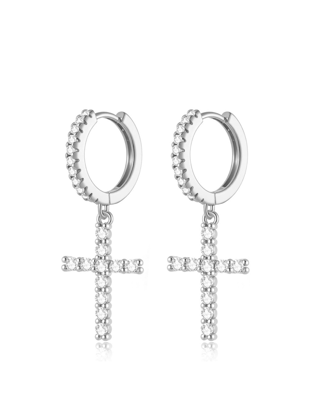 Sterling Silver CZ Cross Huggie Hoop Earrings